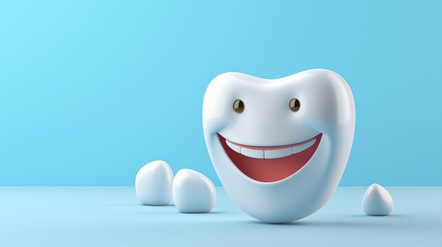 A 3D rendering of a tooth with a smiley face on a blue background. 