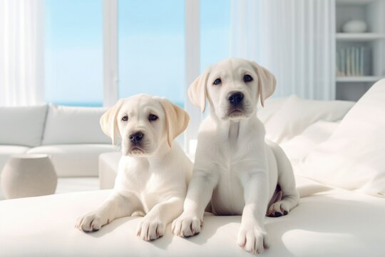 cute Labrador puppies lie in a bright interior
