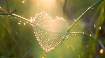 Morning dew heart. Spider web in shape of heart during beautiful calm sunset or sunrise at summer day. Sunbeams Sunlight. Happy Valentines day, Mothers Day, love nature, charity, ecological concept.