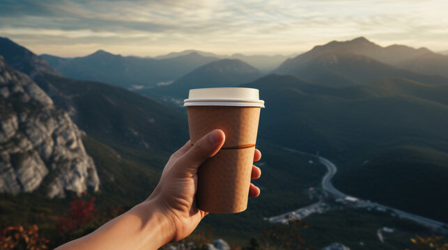 Human Hand Holding A Takeaway Coffee Cup With Mountain