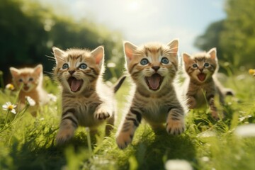 Naklejka na ściany i meble kittens frolicking on the lawn. funny kittens. ai cats. the striped kittens are running