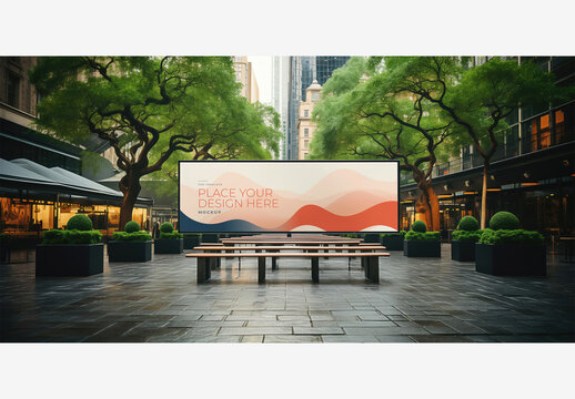 City Street Billboard Mockup Template with Large Screen, Wooden Bench, Trees, Building with Skylight, Windows