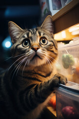 A naughty pet cat surprised inside a fridge.