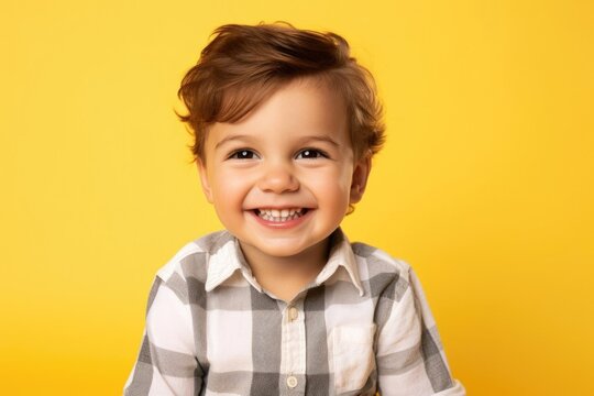 child boy smiling at the camera. child on a yellow background, emotion of joy