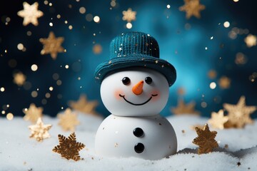 Toy snowman on a blue background with snow and Christmas balls. New Year banner, postcard