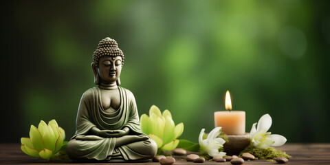 Buddha statue, lotus flowers and candle on green background with copy space, meditation and relaxation time