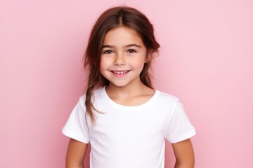 child girl smiling at the camera. child on a pink background, emotion of joy