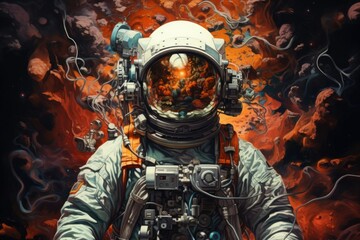 Cosmonaut in space. People in space. Astronaut in spacesuit on the background of space - obrazy, fototapety, plakaty