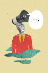 Creative retro template magazine collage of man in formal suit with bowtie megaphone instead head...