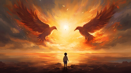 The child looking at the phoenix bird flying - obrazy, fototapety, plakaty