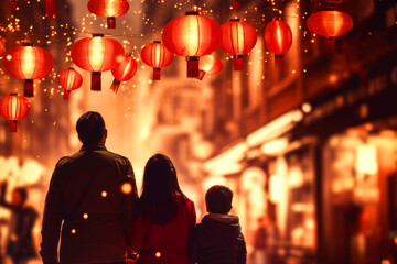  Chinese family celebrating New Year on a street decorated with red and gold Chinese lanterns,...