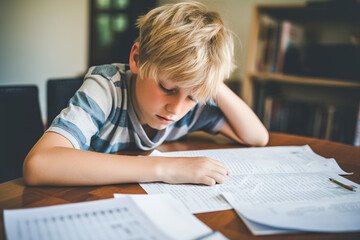 Sad tired child doing his homework sitting. The boy struggles with reading, writing and solving math problems at home. Education, school, learning disability, reading difficulties, dyslexia concept. 
 - obrazy, fototapety, plakaty