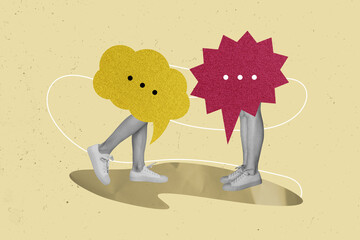 Collage photo picture of headless people in dialogue no face speaking copyspace bubble clouds...