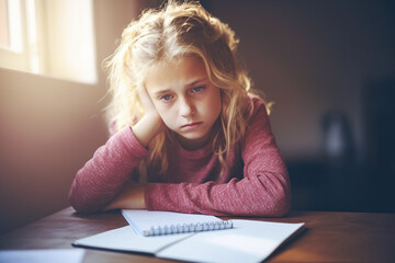Sad tired child doing her homework. The girl struggles with reading, writing and solving math problems at home. Education, school, learning disability, reading difficulties, dyslexia concept.