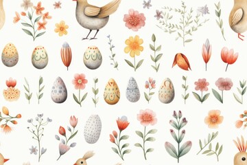 Seamless watercolor pattern goose and little rabbits with sprigs of leaves and daisies - obrazy, fototapety, plakaty
