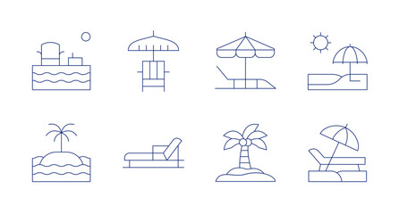 Vacation icons. Editable stroke. Containing sunbathe, island, sunbed, sun umbrella, lounger, beach, coconut tree.