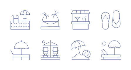 Vacation icons. Editable stroke. Containing swimming pool, hammock, sunbed, beach, beach bar, beach umbrella, flip flops.