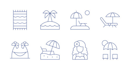 Vacation icons. Editable stroke. Containing towel, island, hammock, beach, woman, sun umbrella, sunbed.