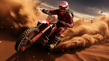 A motorcycle racer driving in the desert