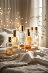 Obraz na płótnie Canvas Elegant and minimal transparent cosmetic serum bottles arranged on a bed with white linen sheets. Glam and bright skincare and beauty mockup design.
