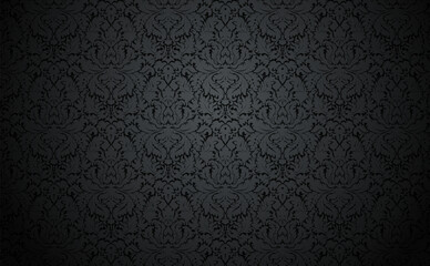 Vector dark damask wallpaper design. Vintage wallpaper pattern with gray floral elements on black. . Elegant luxury texture with pale  subtle tones. - obrazy, fototapety, plakaty