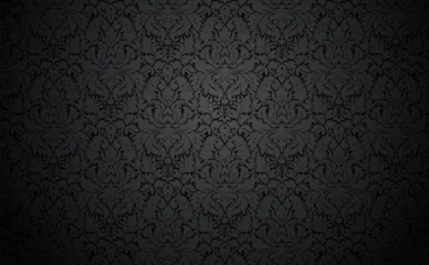 Foto op Plexiglas Vector dark damask wallpaper design. Vintage wallpaper pattern with gray floral elements on black. . Elegant luxury texture with pale  subtle tones. © Kundra