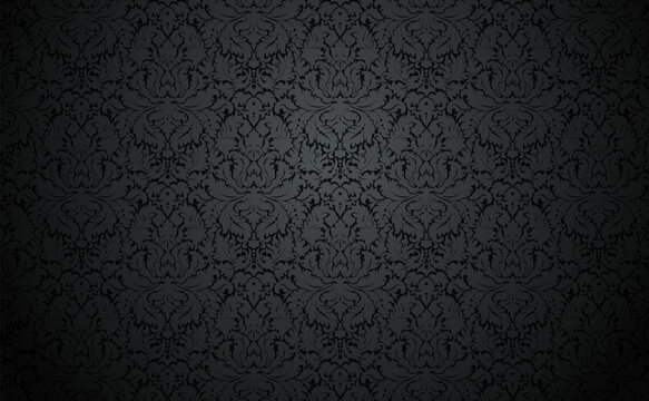 Vector dark damask wallpaper design. Vintage wallpaper pattern with gray floral elements on black. . Elegant luxury texture with pale  subtle tones.