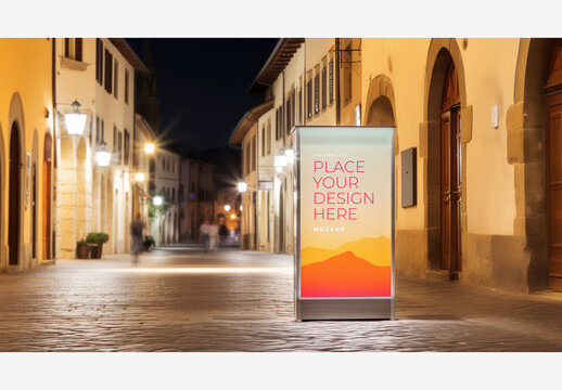 City Street Billboard Mockup Template: Night Time Building with People Walking by, White Box on Sidewalk with Light, Stock Photo