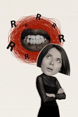 Collage 3d image of pinup pop retro sketch of annoyed female ignore mouth roar growl bullying angry...