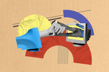 Collage of hand catching legs funny person addicted propaganda zombie watching false information isolated on beige color background