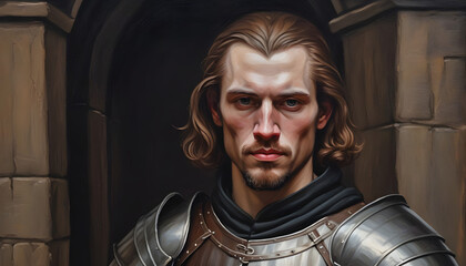 Human knight in armor. Long blond hair handsome face, steel armor. RPG character. Portrait	
