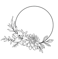 Wildflowers Line Drawing. Black and white Floral Frames. Floral Line Art. Fine Line Wildflowers illustration. Hand Drawn Outline flowers. Botanical Coloring Page. Wedding invitation flowers