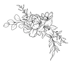 Wildflowers Line Drawing. Black and white Floral Bouquets. Flower Coloring Page. Floral Line Art. Fine Line Wildflowers illustration. Hand Drawn flowers. Botanical Coloring. Wedding invitation flowers