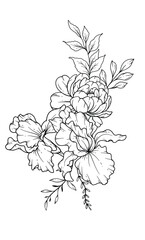 Fototapeta premium Wildflowers Line Drawing. Black and white Floral Bouquets. Flower Coloring Page. Floral Line Art. Fine Line Wildflowers illustration. Hand Drawn flowers. Botanical Coloring. Wedding invitation flowers