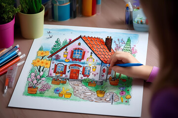 POV a hand drawing and colouring a house with colouring pencils. Creative and imaginative activity portrait. 