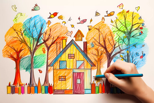 POV a hand drawing and colouring a house with colouring pencils. Creative and imaginative activity portrait. 