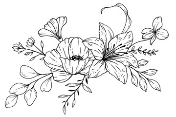 Wildflowers Line Drawing. Black and white Floral Bouquets. Flower Coloring Page. Floral Line Art. Fine Line Wildflowers illustration. Hand Drawn flowers. Botanical Coloring. Wedding invitation flowers