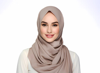 Young beautiful female model wearing soft pink hijab or headscarf with flawless healthy skin smiling to camera on white background. Female Muslim model for skin care ads. Female Muslim fashion ads.
