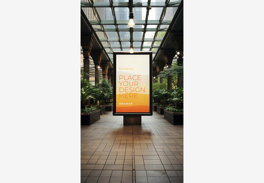 City Street Billboard Mockup Template with Large White Sign, Skylight, and Plants - High Quality Stock Photo for Websites and Marketing