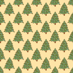 Seamless pattern with Christmas tree decorated with balls. Colorful hand drawn vector illustration doodle. Festive winter holiday season. Print for wrapping or fabric, paper