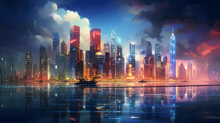 Fototapeta na wymiar Digital painting of city at night