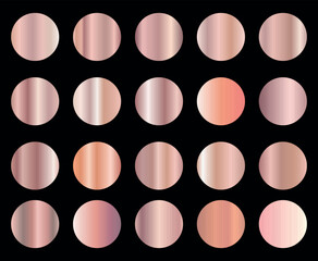 Set of gold rose foil texture. Collection of pink metallic textures isolated on black background. Vector illustration