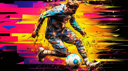 Soccer player in action on colorful abstract background. Digital illustration.