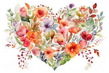 heart formed by many leaves and bright flowers on a pure white background