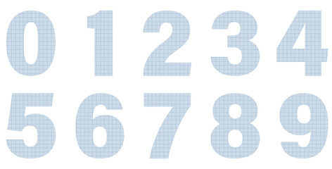 Set of blue paper numbers isolated on white. Paper from a notebook in a cell. Alphabet. Vector graphic elements for design