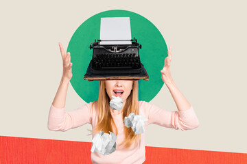 Collage artwork of aggressive young lady stressed raised palms up irritated journalist retro...