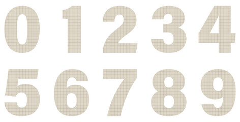 Set of brown paper numbers isolated on white. Paper from a notebook in a cell. Alphabet. Vector graphic elements for design