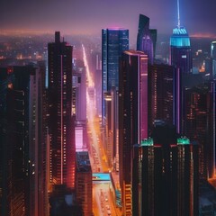 A towering, metallic cityscape shrouded in perpetual neon-lit dusk1