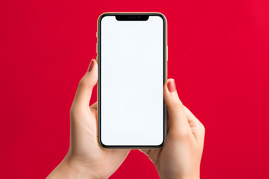 iPhone 15 Pro Max Studio Shot: Clipping Path, Blank Screen for Global Business Infographic on red background Hand holding a smartphone.