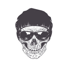 Monochrome vintage skull in hipster hat isolated illustration